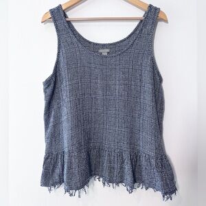 Falls Creek Navy White Check Tweed Sleeveless Frayed Peplum Hem Scoop Tank Top